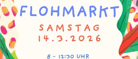 A colorful poster announces a children's flea market on Saturday, March 14, 2026. The event runs from 8:00 AM to 12:30 PM in Pfarrstadt Bad Fischau. The poster includes contact information and a price of 15 euros per table.