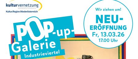 Poster for a pop-up gallery opening on March 13, 2026 at 5 PM. Art supplies are displayed.