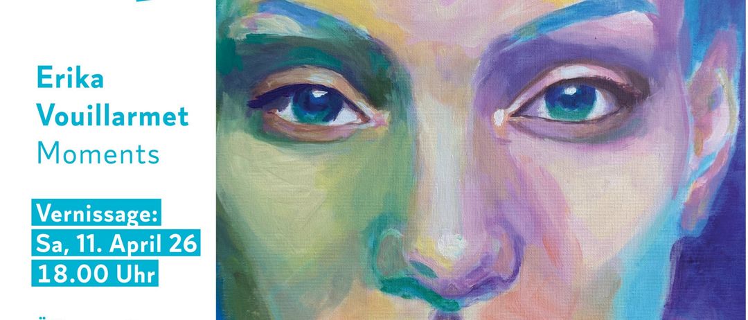 Plakat für Erika Vouillermet's Kunstausstellung in der POP-up Galerie. Termine: 11. April 2026, ab 18:00. Geöffnet: 11., 12., 18., 19. April, 17-19 Uhr.