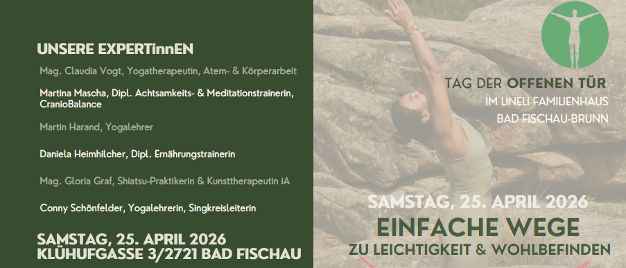 A flyer advertising a day of open yoga and wellness with experts on April 25, 2026. It features a woman practicing yoga and a man giving a massage. It includes a list of experts and their qualifications.