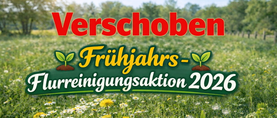A poster advertising the Verschoben Spring Cleaning Action 2026. It features a lush green field with flowers and trees. The poster is in red and green.