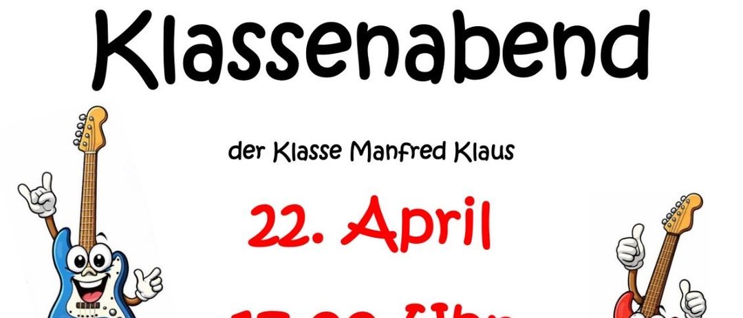 Poster for a musical event with cartoon guitars and basset guitar. Date and time are April 22, 17:00. The event is held at Haus der Musik.