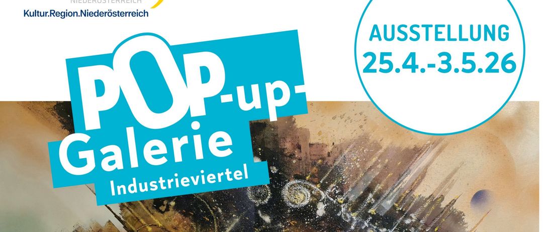 POP-up Galerie Plakat mit einem Männergesicht und einem Leoparden. Es steht 'POP-up Galerie Industrieviertel', 'Evelyn Romasanta, art*envielfalt' und 'Vernissage' mit den Daten 25.4-3.5.26.