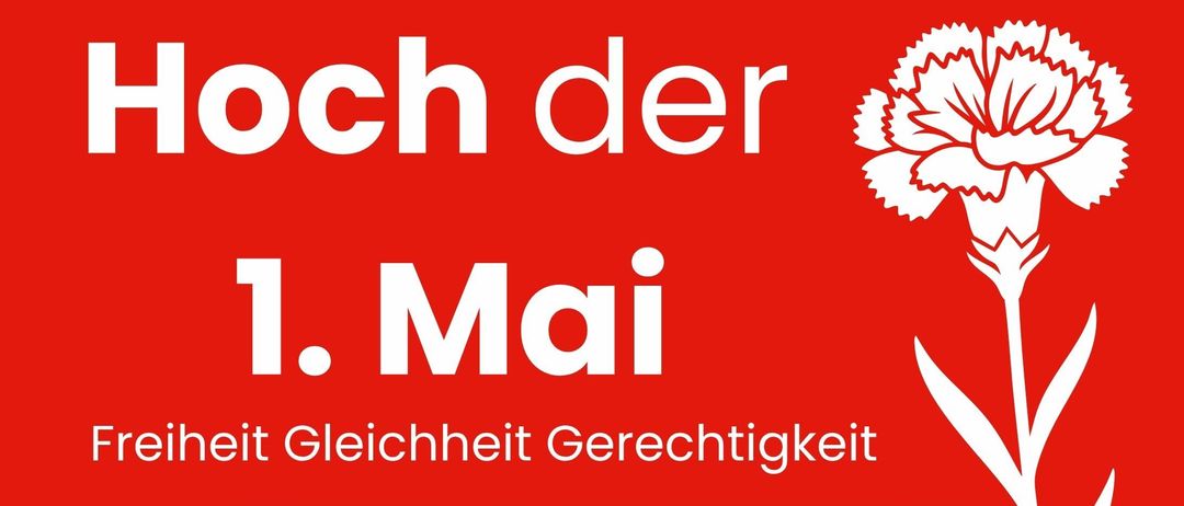 Plakat zum 1. Mai mit einem weißen Gebäude und einem Schild. Veranstaltungsdetails in Deutsch.