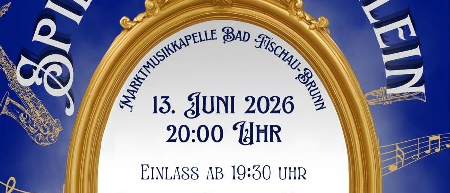 Poster für ein Musikfestival mit goldenem Rahmen. Veranstaltung am 13. Juni 2026, Beginn 20:00. Eintritt frei. Ort: Haus der Musik. Musikinstrumente an den Seiten.
