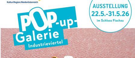 Ein Bild einer auf einem rosa Hintergrund gestickten Schmetterling. Darunter werden Informationen über die POP-up Galerie im Industrieviertel angezeigt. Die Daten sind vom 22. Mai bis 31. Mai 2026.