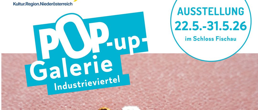 Ein Bild einer auf einem rosa Hintergrund gestickten Schmetterling. Darunter werden Informationen über die POP-up Galerie im Industrieviertel angezeigt. Die Daten sind vom 22. Mai bis 31. Mai 2026.