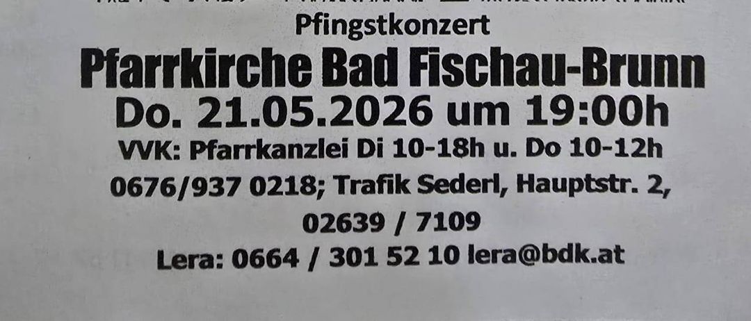 Eine Anzeige für ein Konzert in der Pfarrkirche Bad Fischau-Brunn am 21. Mai 2026 um 19:00. Die Veranstaltung zeigt eine Zeichnung des Moskauer Kremls, organisiert von Kulturland Niederösterreich.