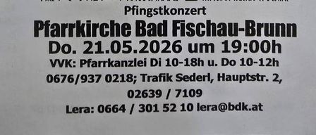 Eine Anzeige für ein Konzert in der Pfarrkirche Bad Fischau-Brunn am 21. Mai 2026 um 19:00. Die Veranstaltung zeigt eine Zeichnung des Moskauer Kremls, organisiert von Kulturland Niederösterreich.