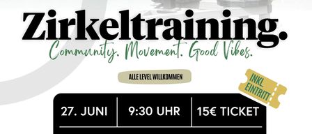 Eine Frau trainiert auf einer Plattform in der Nähe eines Schwimmbeckens, mit einem QR-Code und einem Schild. Zirkeltraining-Veranstaltung im Fischahauer Thermalbad am 27. Juni, 9:30 Uhr. Tickets kosten 15€.