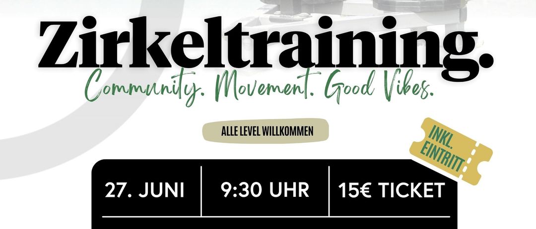 Eine Frau trainiert auf einer Plattform in der Nähe eines Schwimmbeckens, mit einem QR-Code und einem Schild. Zirkeltraining-Veranstaltung im Fischahauer Thermalbad am 27. Juni, 9:30 Uhr. Tickets kosten 15€.