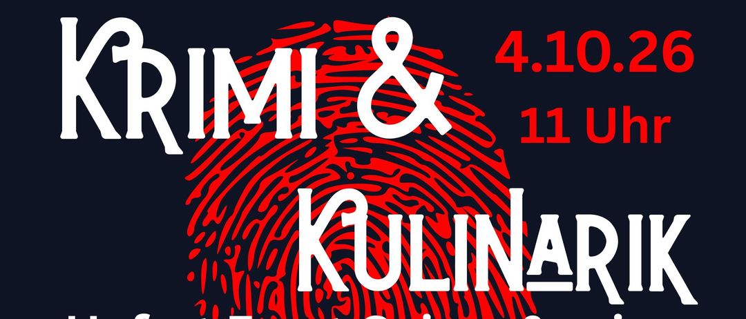 Plakat für eine kulinarische Veranstaltung mit Hofrat Ernst Geiger, mit einem Fingerabdruck-Design, Datum 4. Oktober 2026, Zeit 11 Uhr, und Menüoptionen.