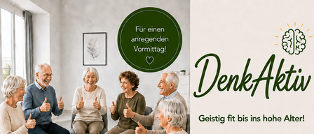 Eine Gruppe älterer Personen sitzt im Kreis, lächelt und zeigt Daumen hoch. Sie nehmen an einer kognitiven Trainingssitzung teil. Der Plakat enthält Text auf Deutsch, der kognitive Fitness und Gemeinschaftserlebnisse fördert.