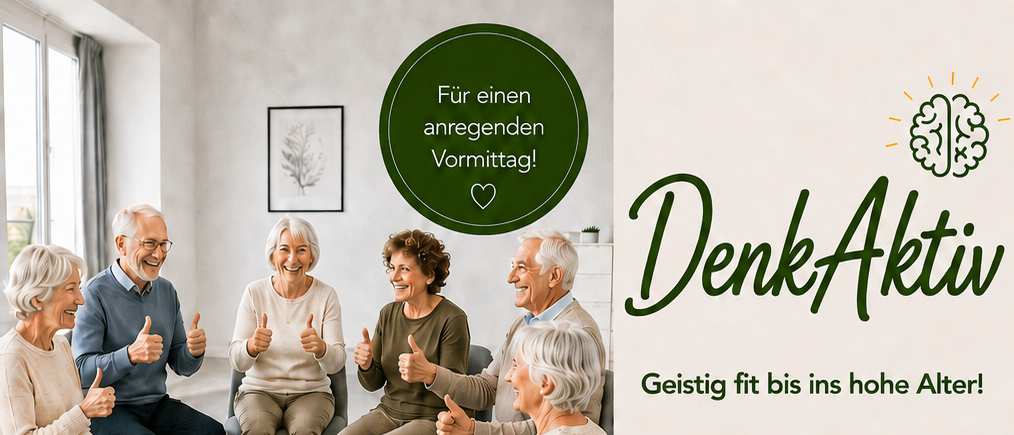 Eine Gruppe älterer Personen sitzt im Kreis, lächelt und zeigt Daumen hoch. Sie nehmen an einer kognitiven Trainingssitzung teil. Der Plakat enthält Text auf Deutsch, der kognitive Fitness und Gemeinschaftserlebnisse fördert.