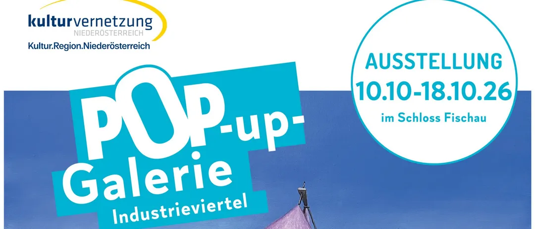 Ein farbenfrohes Plakat für eine Pop-up-Galerie-Veranstaltung mit phantasievollen, farbenfrohen Skulpturen, die auf dem Wasser schwimmen. Der Titel lautet 'POP-up-Galerie Industrieviertel' mit Datums- und Standortdetails.