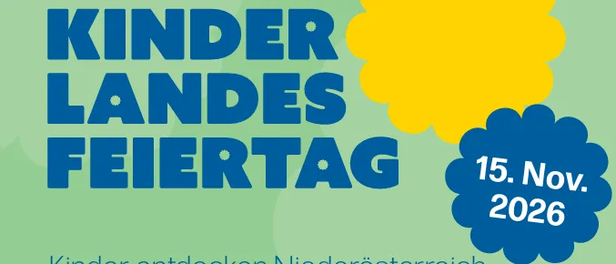 Plakat für Kinder Landes Feiertag, zeigt Kinder bei verschiedenen Aktivitäten, mit einem QR-Code für weitere Informationen.