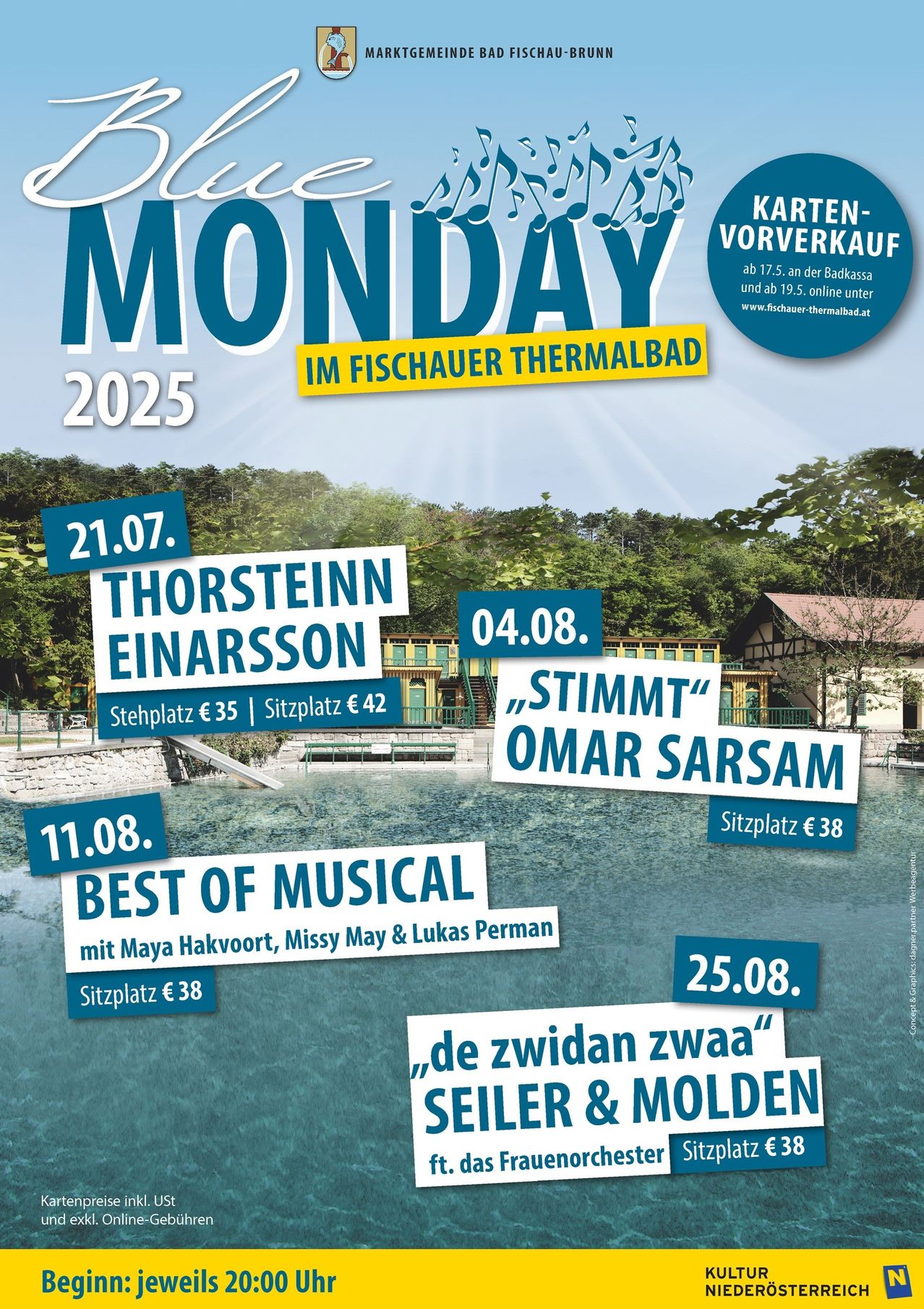 Werbeplakat für Montag 2025 im Fischauer Thermalbad mit Terminen und Künstlern, Ticketpreisen und einer Hinweis auf den Vorverkauf.