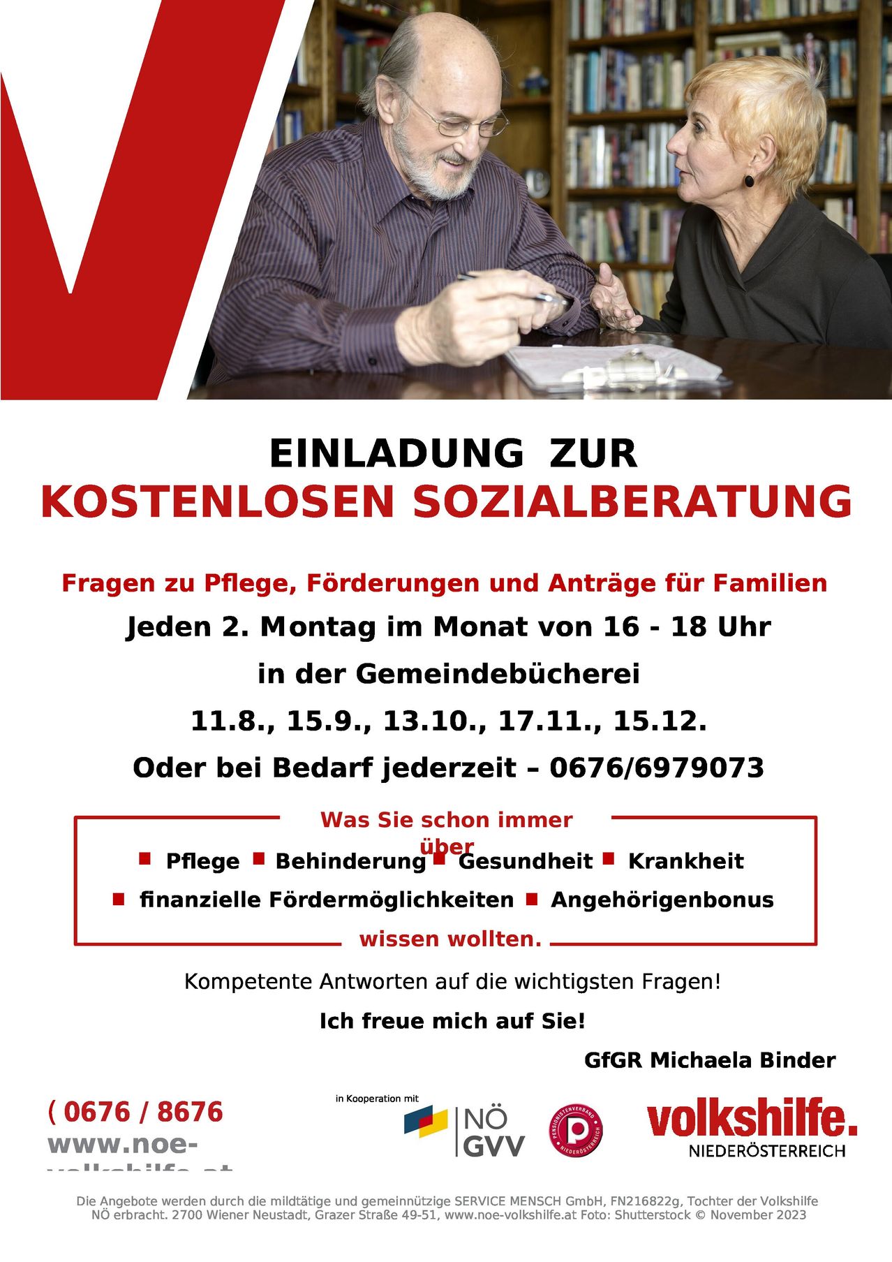 Ein Werbeplakat für kostenlose Sozialberatung. Jeden zweiten Montag im Monat von 16-18 Uhr in der Gemeindebücherei. Bietet Antworten zu Pflege, Förderungen und Familienunterstützung. Kontakt jederzeit möglich: 0676/6979073.