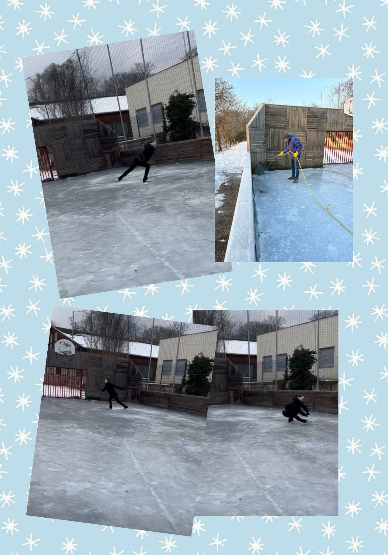 Vier Bilder einer Eislaufbahn im Freien. Eine Person beim Schlittschuhlaufen, eine weitere benutzt eine Schneeschaufel, zwei Personen beim Schlittschuhlaufen.