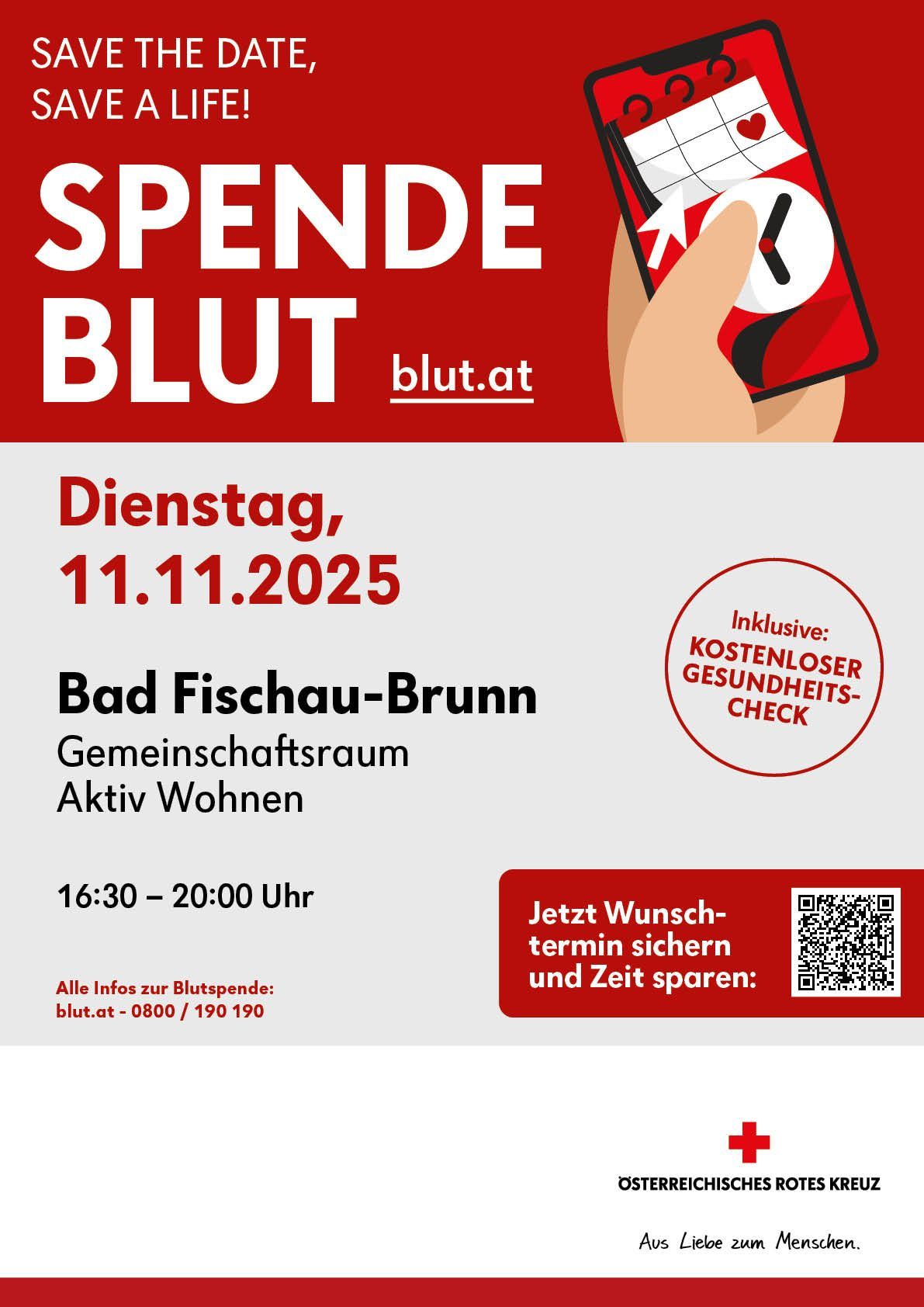 Ein Plakat für eine Blutspende-Veranstaltung am 11. November 2025. Es enthält Zeit, Ort und Gesundheitscheck-Details. Eine Hand, die ein Smartphone mit einem Timer hält, ist abgebildet. QR-Code für Terminbuchung verfügbar.