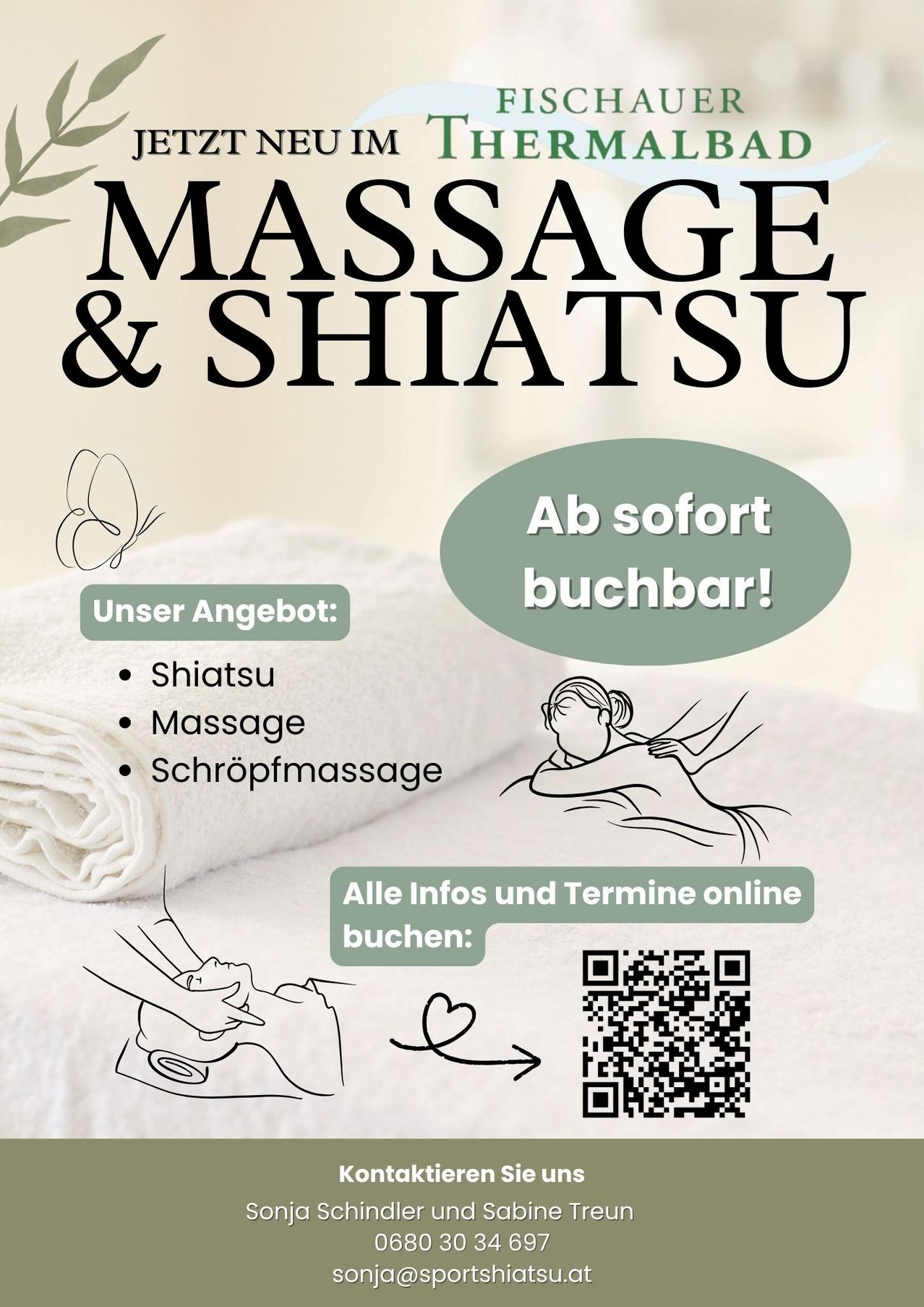 Das Bild bewirbt Massage- und Shiatsu-Dienste. Es zeigt ein weißes Handtuch, eine Hand und eine Frau, die eine Massage erhält. Es enthält einen QR-Code und gibt an, dass alle Informationen und Termine online gebucht werden können.