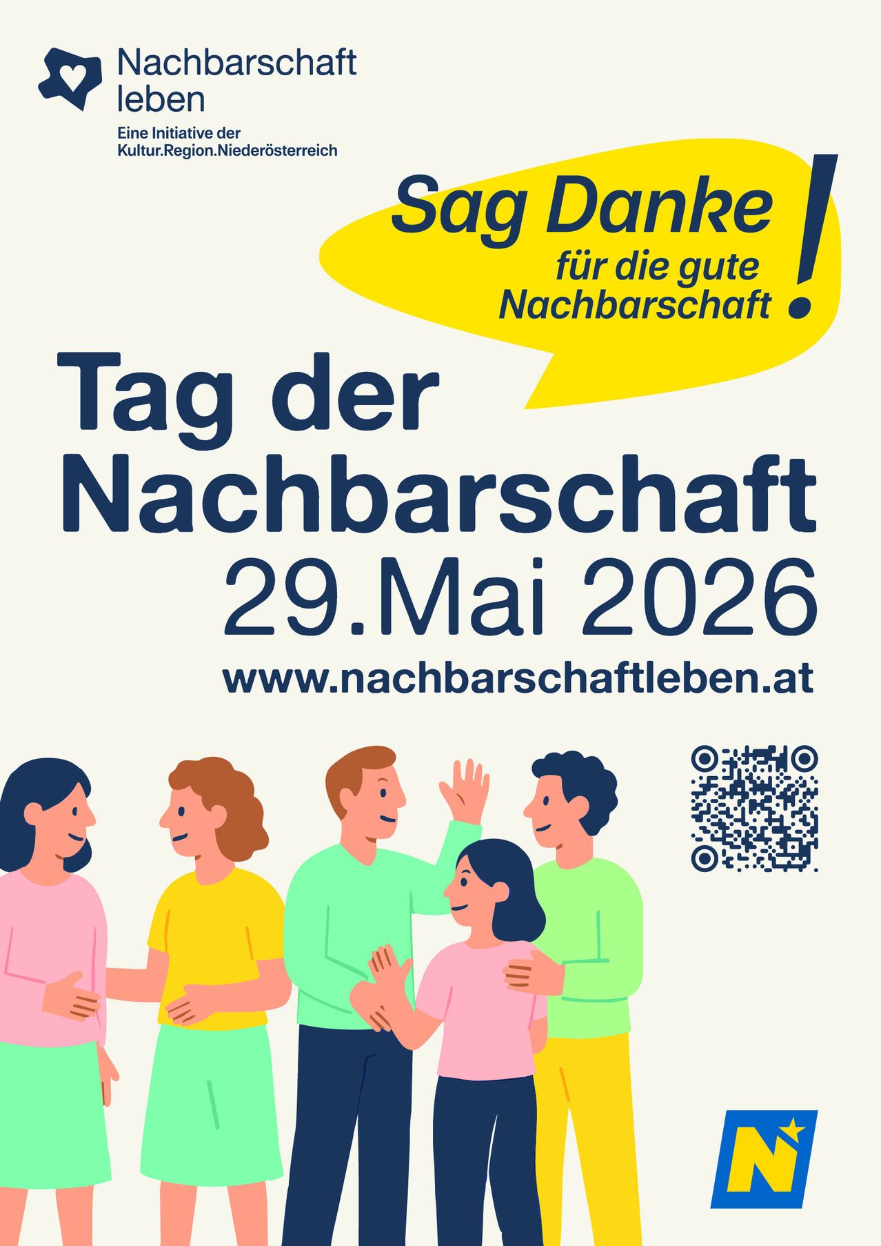 Poster for Neighborhood Day on May 29, 2026, featuring a group of smiling people. It encourages saying thank you for a good neighborhood and includes a website.