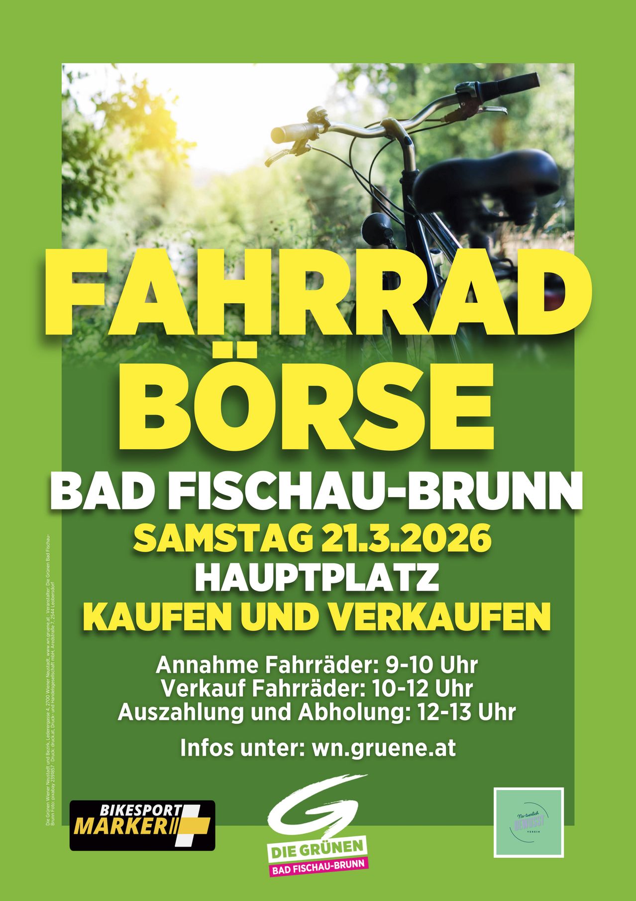 Plakat für einen Fahrradtausch in Bad Fischau-Brunn am 21. März 2026. Zeiten für Annahme und Verkauf von Fahrrädern sind 9-10 Uhr und 10-12 Uhr. Abholung und Rückgabe von 12-13 Uhr.