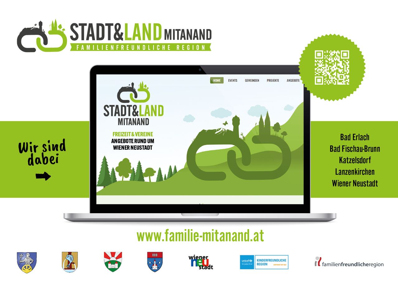 Screenshot einer Website auf einem Laptop. Es zeigt die Startseite mit einer grünen Grafik und dem Text 'Freizeit & Vereine Angebote rund um Wiener Neustadt'. Unter der Grafik befindet sich eine Website-Adresse. Logos sind unten angezeigt.