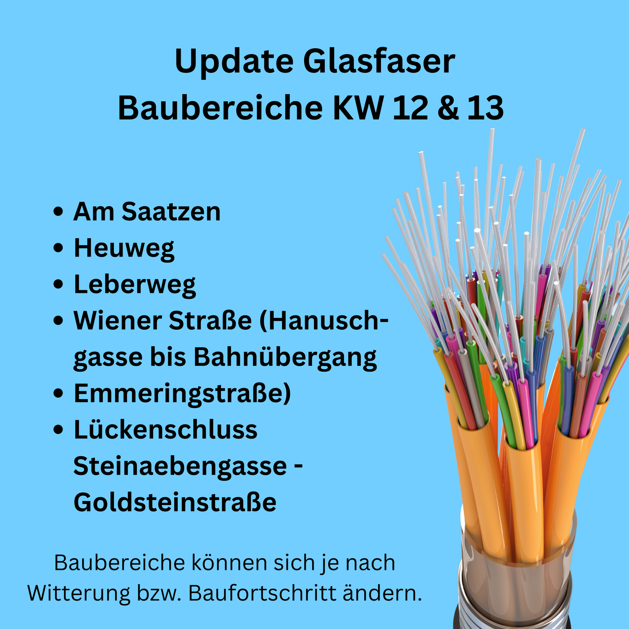 Blauer Hintergrund mit Text über ein Update zu Glasfaserbaustellen in den Bereichen KW 12 und 13. Orte umfassen Am Saatzen, Heuweg, Leberweg, Wiener Straße, Emmeringstraße, Lückenschluss, Steinaebengasse und Goldsteinstraße.