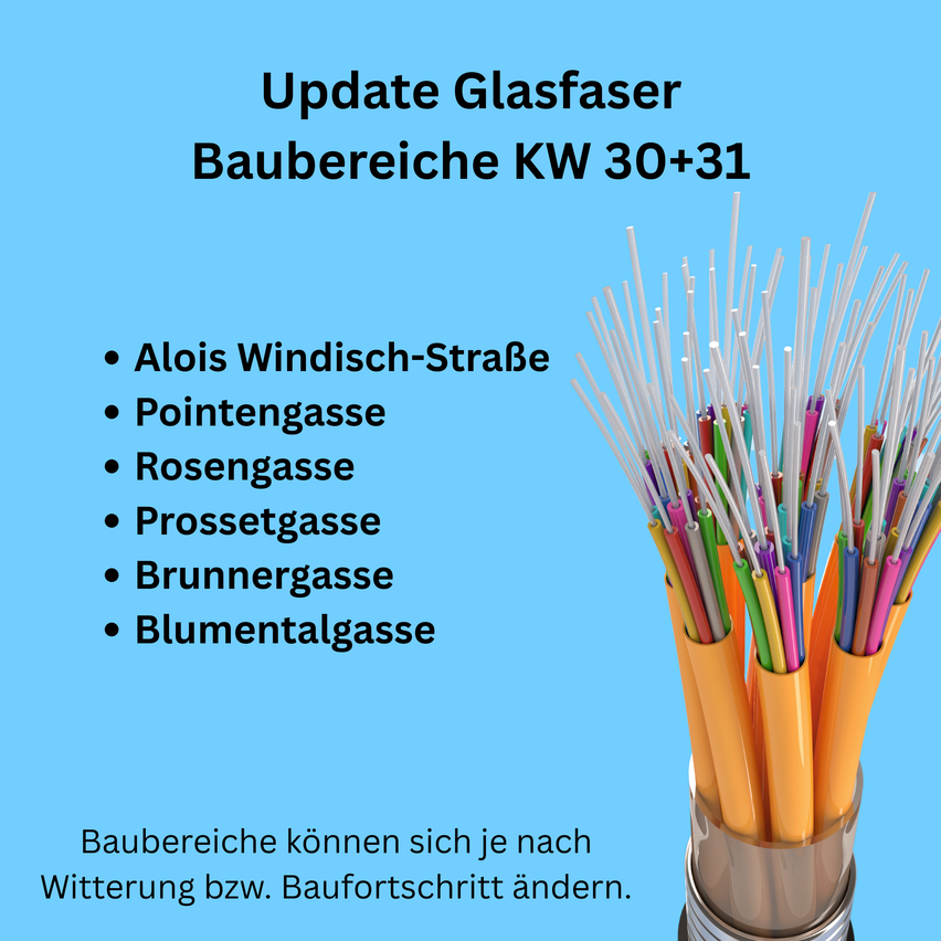 An informational poster about the update of fiber optic cables in various streets including Alois Windisch-Straße, Pointengasse, Rosengasse, Prossetgasse, Brunnergasse, and Blumenthalgasse. It mentions that the construction areas may change due to weather or construction progress.