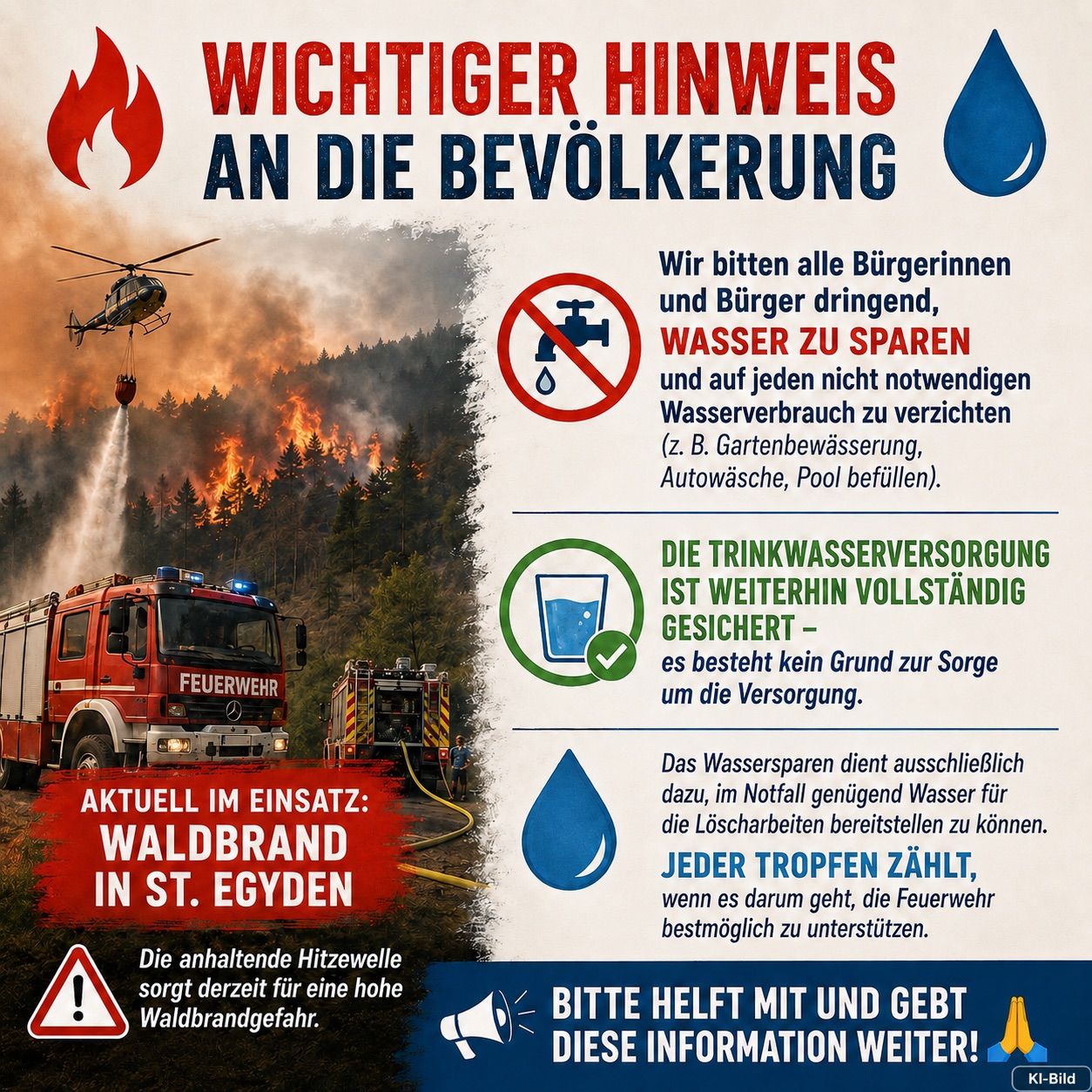 Ein Plakat mit einer Warnung vor einem Waldbrand in St. Egyden, das die Bürgerinnen und Bürger dringend auffordert, Wasser zu sparen und nicht notwendige Wasserverwendung zu vermeiden. Feuerwehrfahrzeuge sind im Einsatz zu sehen. Die Trinkwasserversorgung ist weiterhin gesichert - es besteht kein Grund zur Sorge um die Versorgung.