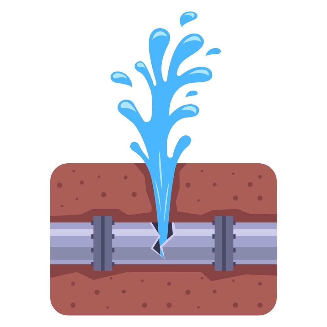 Illustration of a broken underground water pipe with water gushing out of the break.
