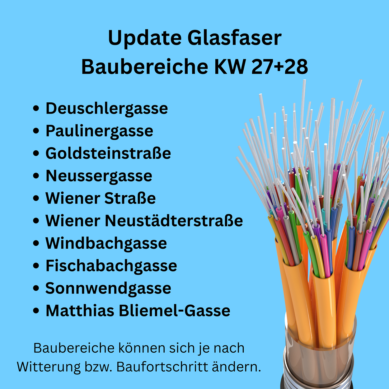 The image shows an update about fiber optic construction areas in various streets of KW 27+28. The affected streets are listed, and a warning is given that construction areas can change based on weather or building permits.
