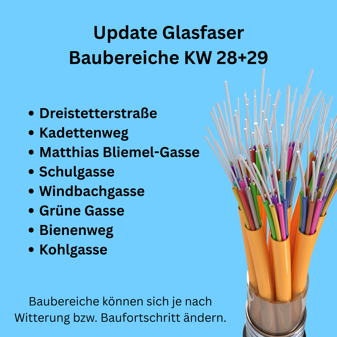 An update on fiber optic construction in building areas KW 28+29. Streets include Dreistetterstraße, Kadettenweg, Matthias Bliemel-Gasse, Schulgasse, Windbachgasse, Grüne Gasse, Bienenweg, and Kohlgasse. Construction areas may change due to weather or building progress.