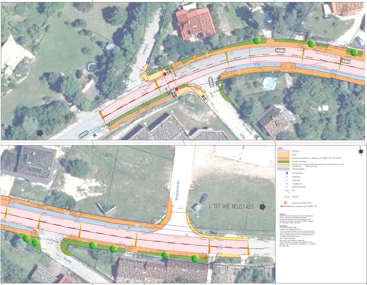 Two maps depict a road construction project. The top map shows a curved road with green and yellow markings. The bottom map shows a straight road with similar markings, indicating a potential realignment. Both maps include a legend on the right with color codes for various features.