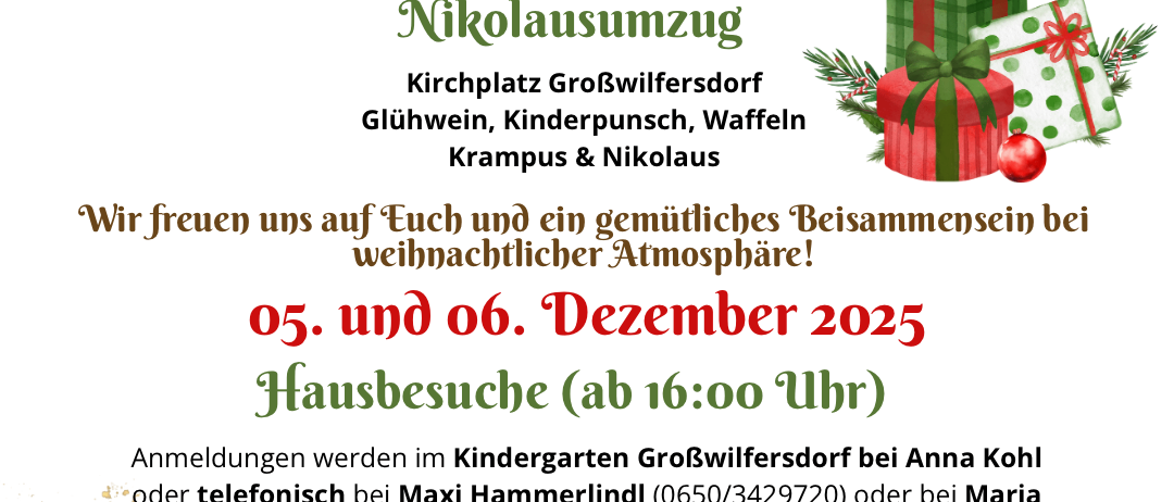 Plakat für Nikolausumzug & Hausbesuche am 30.11.2025 um 16:30. Beinhaltet Krampus & Nikolaus. Anmeldungen können im Kindergarten oder telefonisch erfolgen. Hausbesuche am 05. und 06. Dezember 2025 um 16:00.