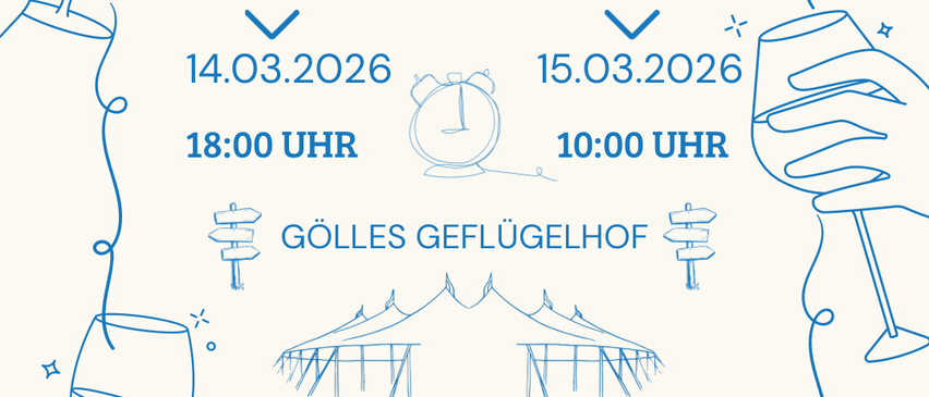 A poster advertises a Patrizi party and wine feast. Dates are March 14th and 15th, 2026. Times are 6 PM and 10 AM. Location is Goelles Geflugelhof. Illustration of hands holding wine glasses.