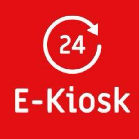 Ein roter Hintergrund zeigt ein weißes kreisförmiges Symbol mit einem Uhrzeigersinn-Pfeil um die Zahl '24' herum. Darunter steht der Text 'E-Kiosk' in weißer Schrift.