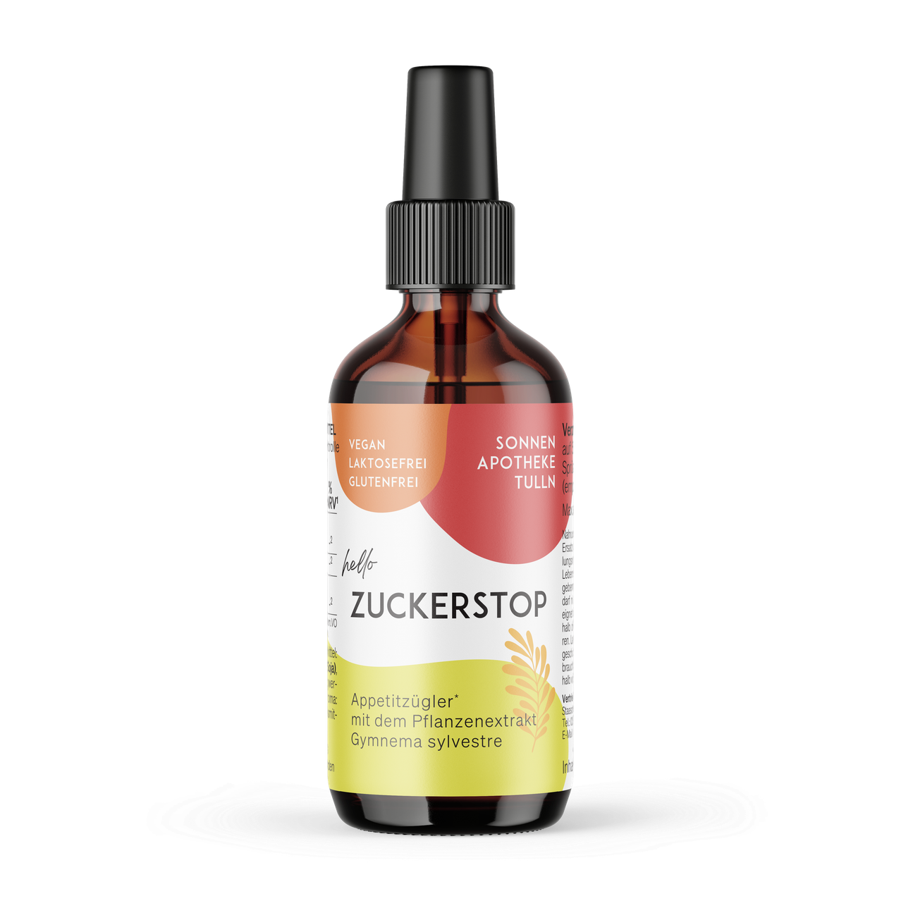 Eine Flasche 'Zuckerstop' Appetitzügler mit Gymnema Sylvestre Extrakt. Das Etikett ist gelb und rot, mit dem Wort 'Zuckerstop' in fetten Buchstaben.