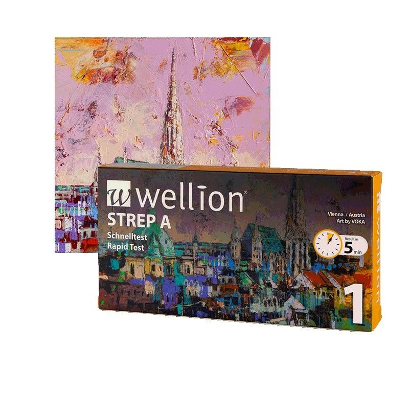 Das Bild zeigt eine Schachtel des 'Wellion STREP A Schnelltest', mit einer farbenfrohen Abbildung der Wiener Stadtlandschaft im Hintergrund. Das Testergebnis wird in 5 Minuten angezeigt.