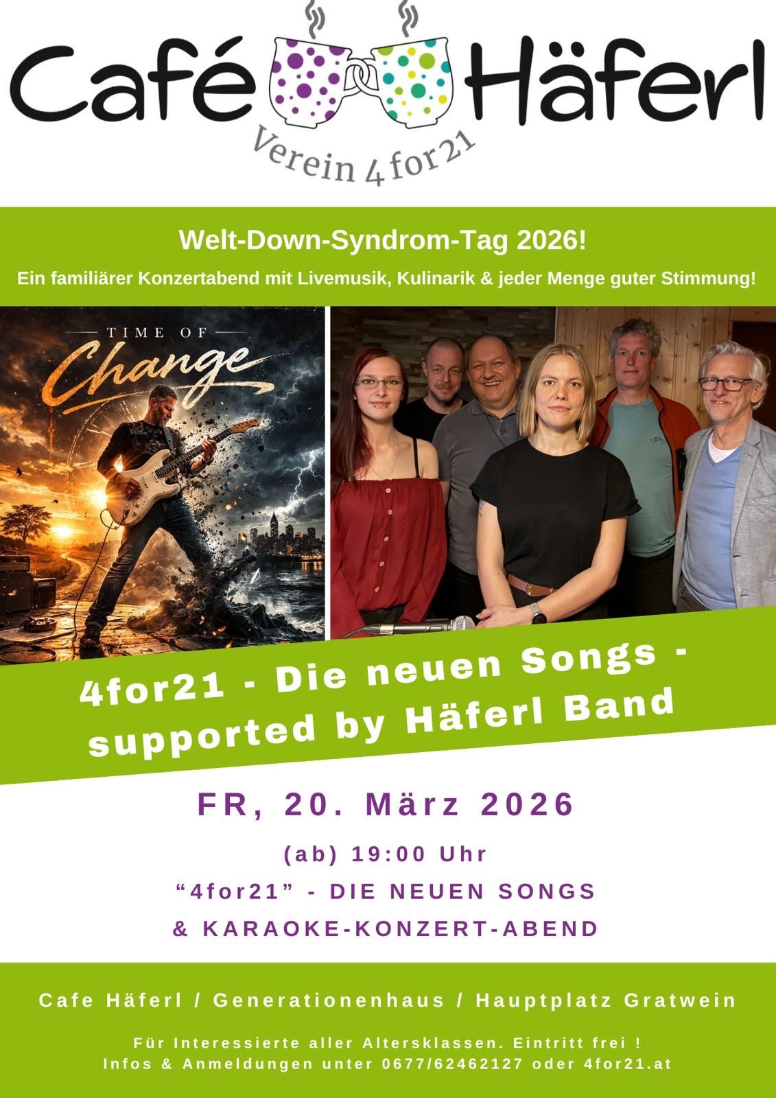 An event poster for Welt-Down-Syndrom-Tag 2026 featuring a band and a concert theme. The poster includes a guitar player and a group of people with a happy atmosphere. The event is scheduled for Friday, March 20, 2026.