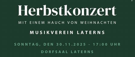 Green poster with musical notes arranged in a tree shape. Below the tree, it reads 'Herbstkonzert'. The event is scheduled for November 30, 2025, at 17:00.