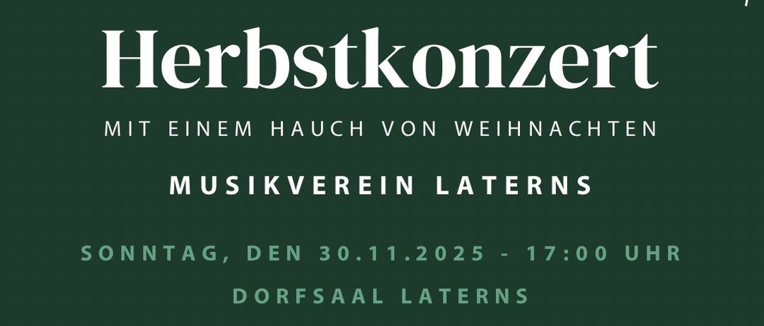 Grünes Plakat mit musikalischen Noten in Baumform. Darunter steht 'Herbstkonzert'. Die Veranstaltung ist für den 30. November 2025 um 17:00 Uhr geplant.