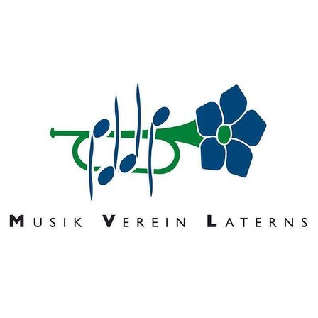 Das Logo des Musik Vereins Laterns mit einer blauen Trompete und Blume mit Musiknoten.