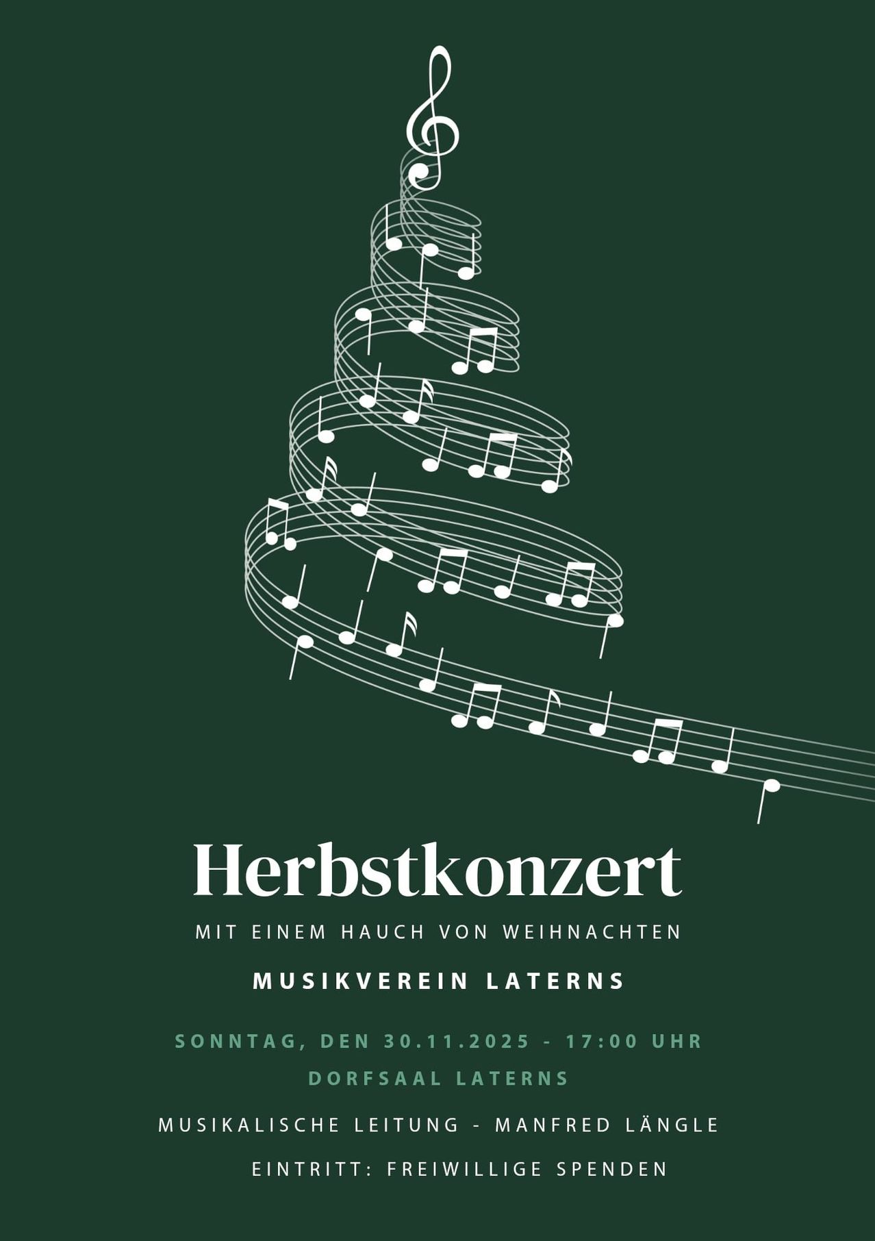 A poster features a spiral of musical notes in a Christmas tree shape with 'Herbstkonzert' written below. It announces a music event by the 'Musikverein Laterns', scheduled for Sunday, November 30, 2025, at 5:00 PM.