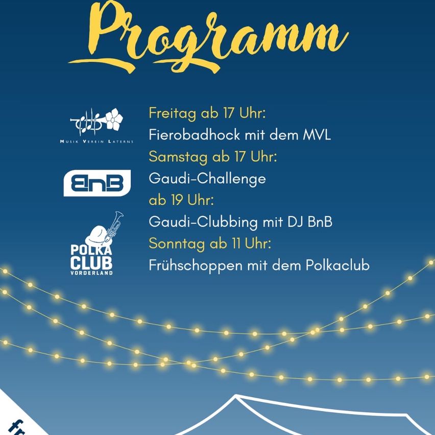 Veranstaltungsplakat für das Festival mit einem Zeitplan, der Freitag um 17 Uhr ein Feuerwerk mit dem MVL, Samstag um 17 Uhr die Gaudi-Challenge, Sonntag um 19 Uhr Gaudi-Clubbing mit DJ BnB und Sonntag um 11 Uhr Frühstück mit dem Polkaclub vorsieht.