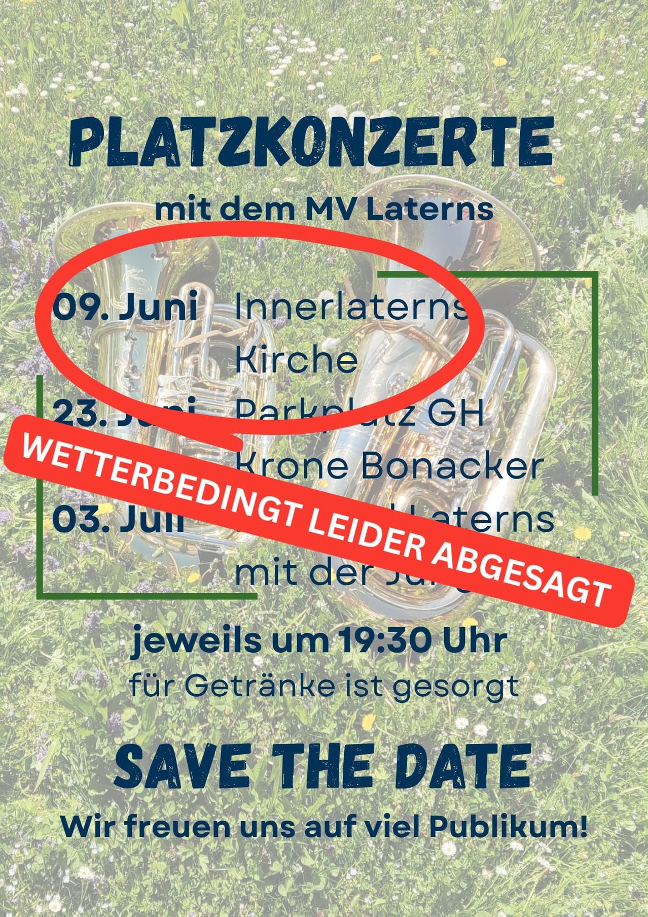 Plakat für Platzkonzerte mit MV Latterns, mit Terminen und Zeiten für Konzerte im Juni. Das Bild zeigt eine Tuba, Pflanzen und den Text 'Save the date'.