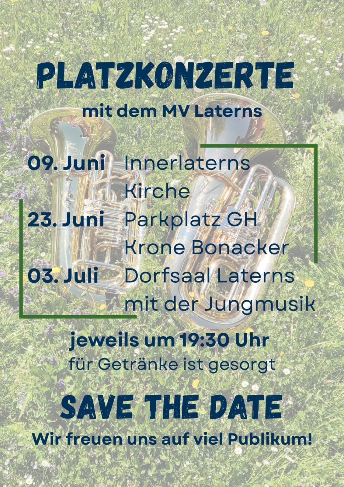 Poster advertising Platzkonzerte with MV Laterns, featuring dates and locations, with musical instruments on a grass background.