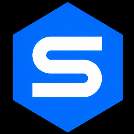 Ein hexagonales Logo mit einem weißen Buchstaben S in der Mitte auf blauem Hintergrund.