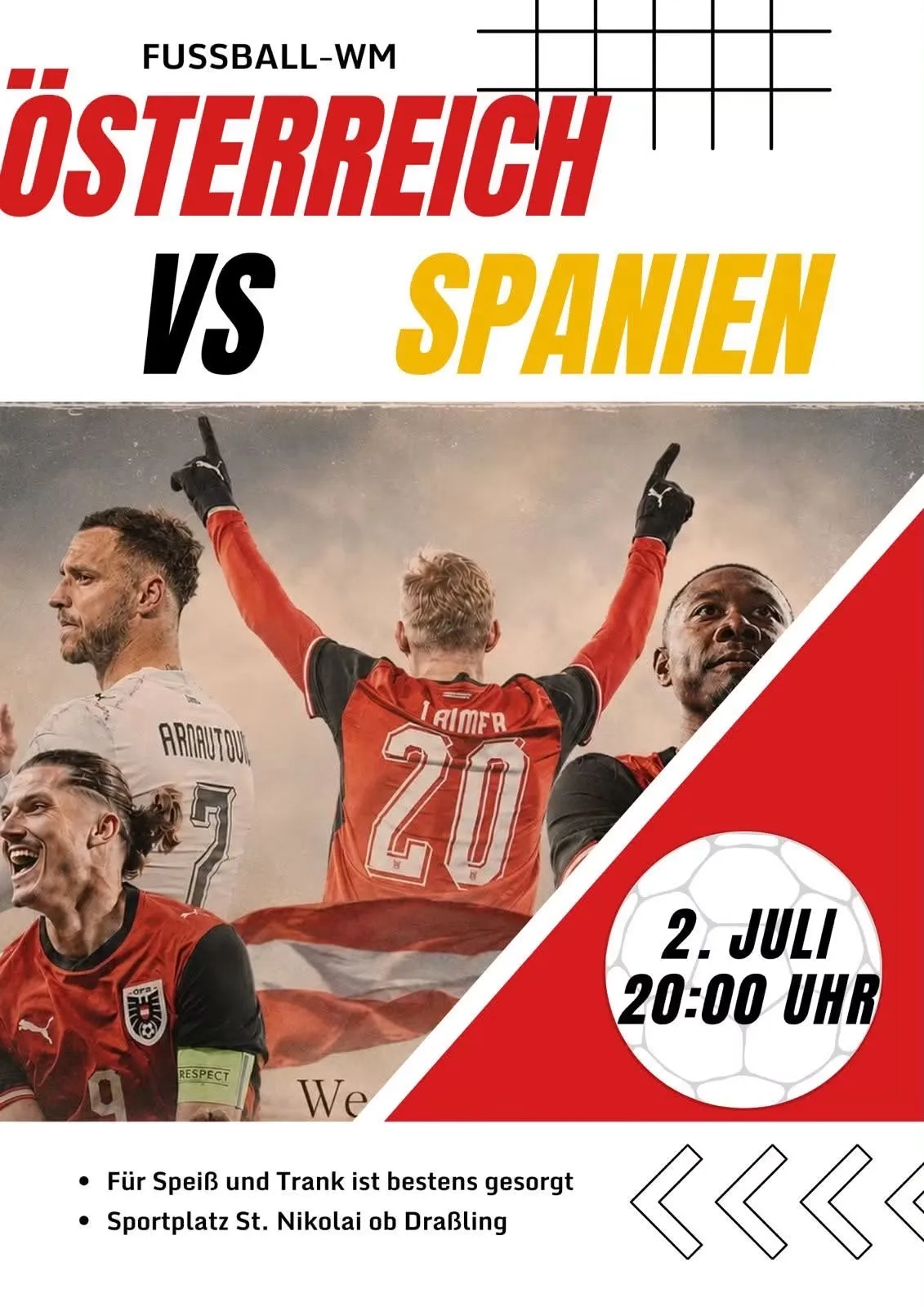 Fußballspieler feiern den Sieg mit den Nummern 20, 7 und 9 auf Trikots, Flagge und Ball, Spiel gegen Spanien, 2. Juli, 20:00 Uhr